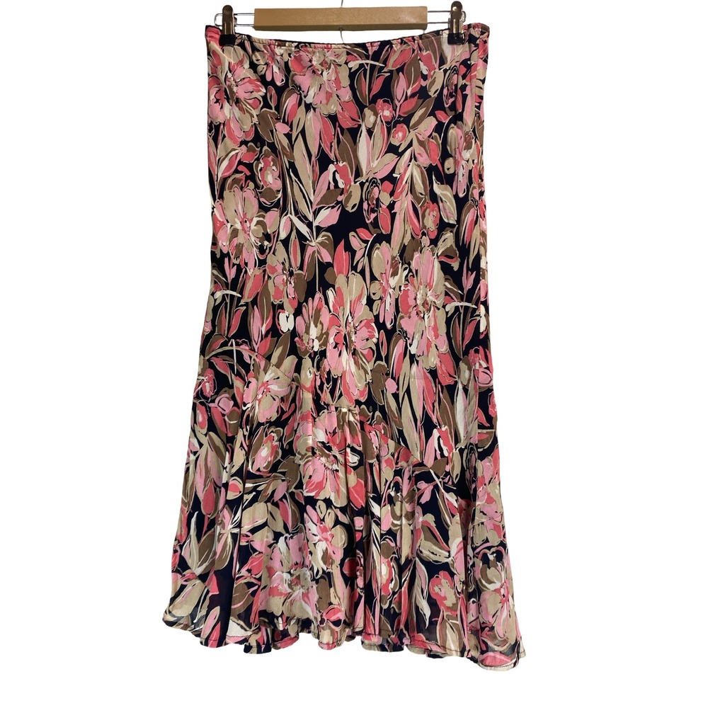 JM Collection Petite Floral Midi Skirt Size 6P Black Pink Flowy Ruffle Hem Lined